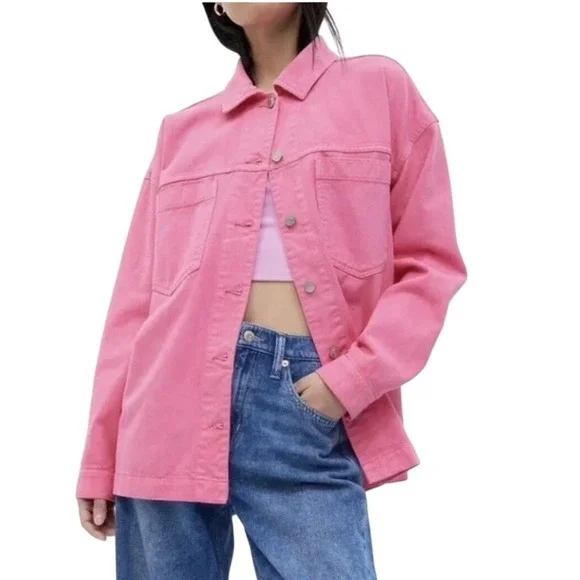 Y2K GAP Denim Jacket Pink Utility Button Oversized Trucker Cargo Streetwear XS - Picture 1 of 15
